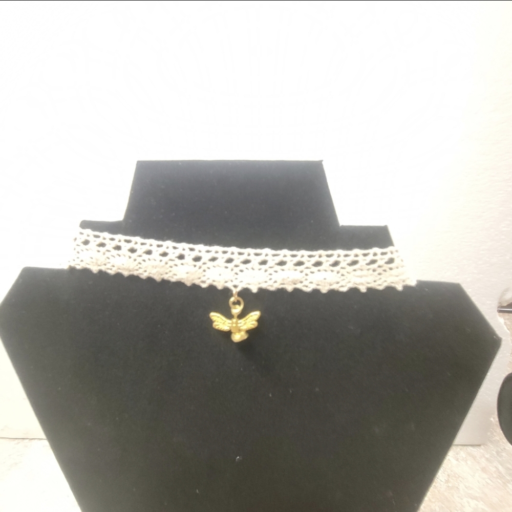 Hand Crafted Gold and Off White Lace Ribbon Choker with a Firefly Charm